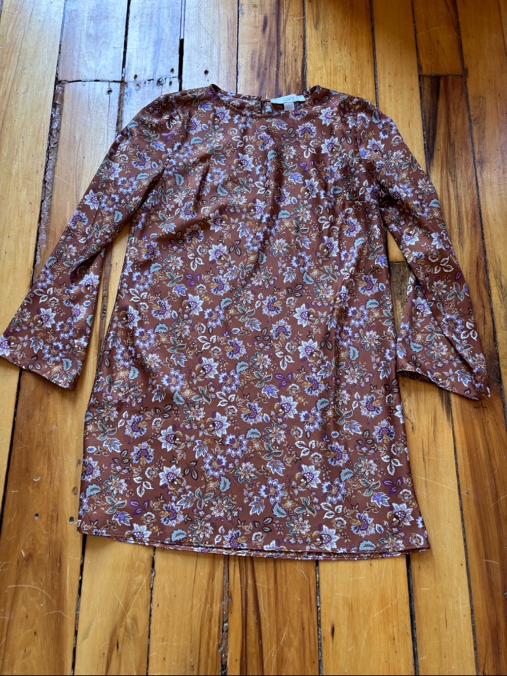 LOFT Brown Floral Long-Sleeve Shift Dress